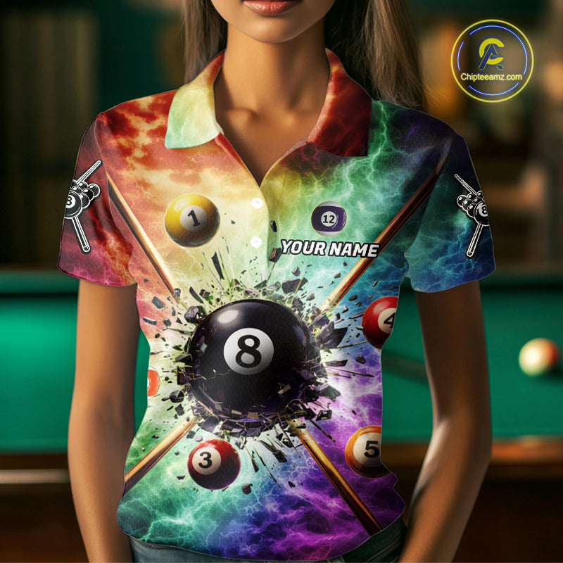 Personalized Crack Pool 8 Ball Women Billiard Team Shirt Colorful Thunder Billiard Attire NYN2368