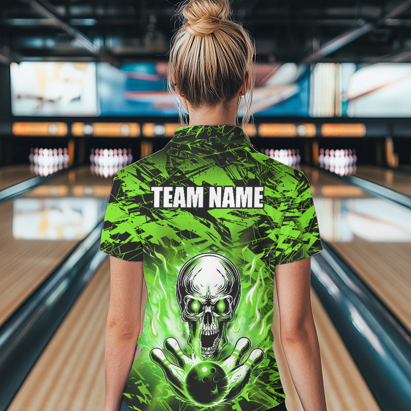 Personalized Green Flame Skull Bowling Jersey Camo Polo Bowling Team Shirt QZT670
