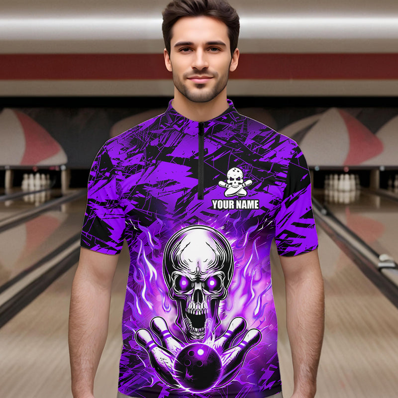 Personalized Purple Flame Skull Bowling Jersey Camo Quarter-Zip Bowling Team Shirt QZT670