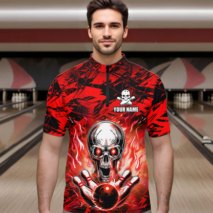 Personalized Red Flame Skull Bowling Jersey Camo Quarter-Zip Bowling Team Shirt QZT670