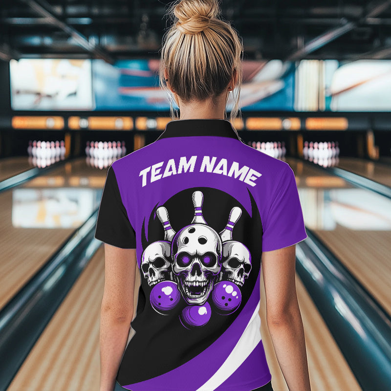 Custom Purple Skull Bowling Shirt Quarter-Zip Bowling Jersey for Men Women Bowling Outfit QZT671