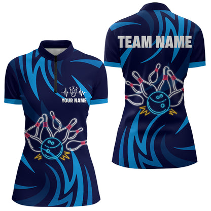 Personalized Neon Blue Bowling Shirts for Men Women Bowling Quarter-Zip Team Jersey QZT590