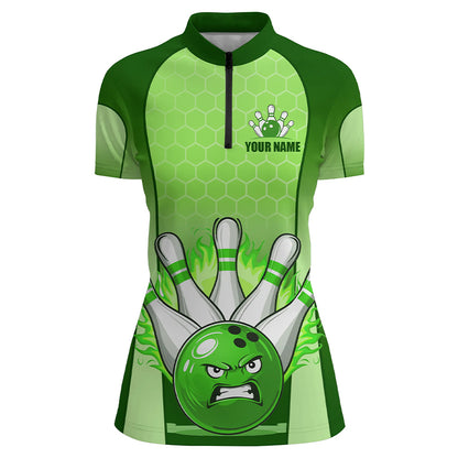 Personalized Bowling Shirt Green 1/4 Women Zip Bowling Jersey Bowling Team League Unisex QZT278