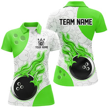 Load image into Gallery viewer, Bowling team shirt with flames and a bowling ball design on a white background