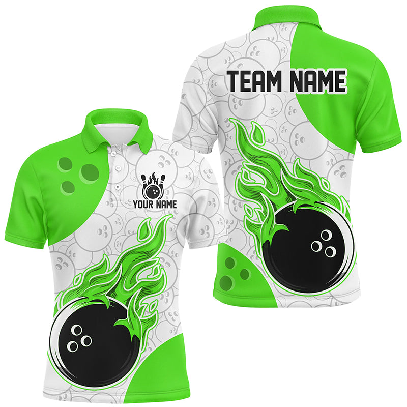 An green and white flames bowling shirt with a personalized text and logo, featuring a flame graphic design.