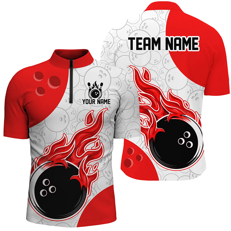 Red, white, and black bowling jersey with flame design and customizable text on a white background