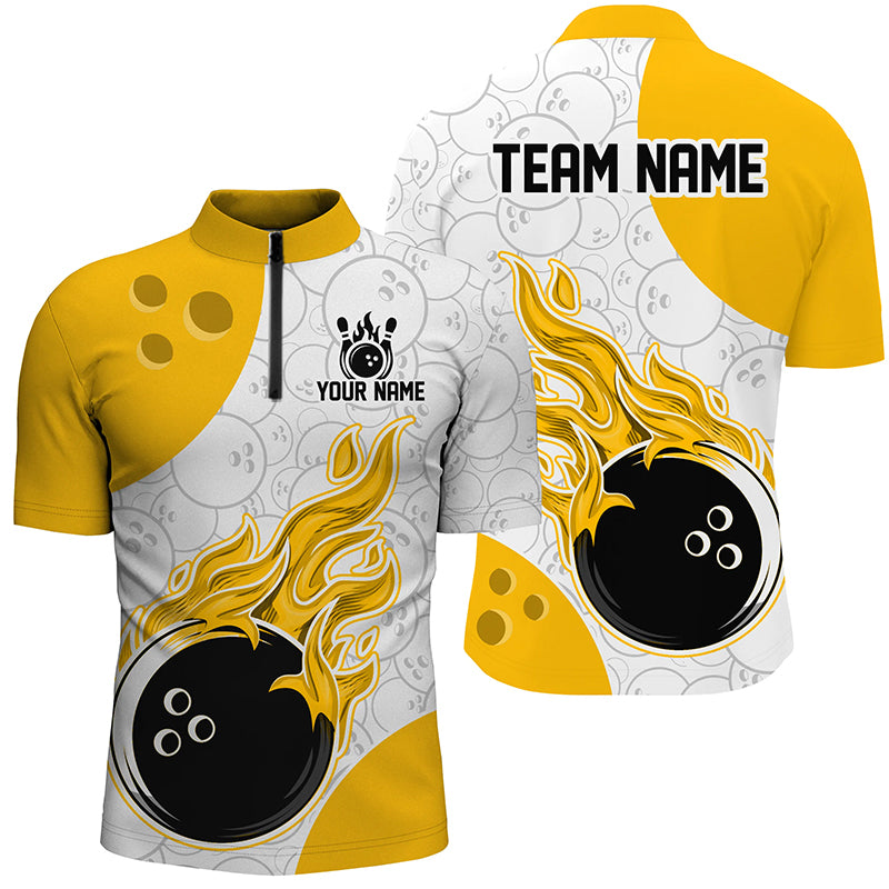 Bowling-themed sports outfit with flames and a bowling ball design on a white background.