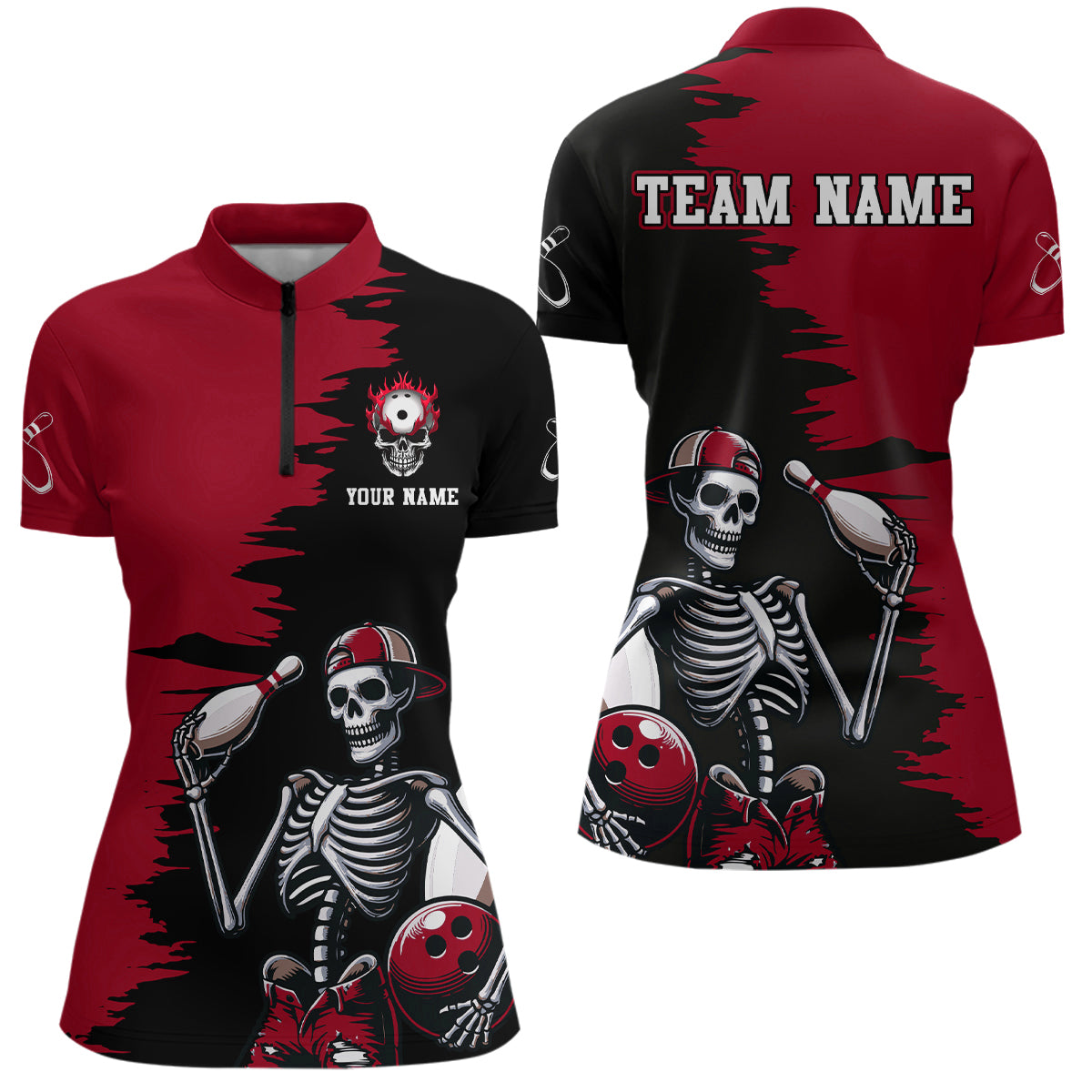 Personalized Skeleton Bowling Shirt for Women Skull Bowling Jersey Quarter Zip Bowling Shirt QZT407