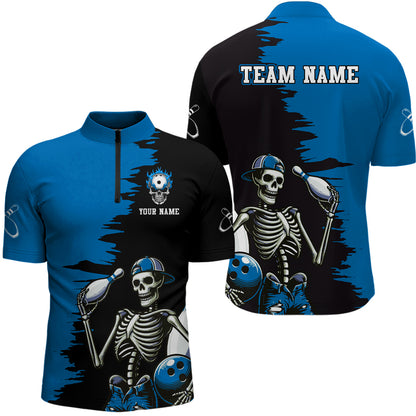 Personalized Skeleton Bowling Shirt for Men Skull Bowling Jersey Quarter Zip Bowling Shirt QZT407