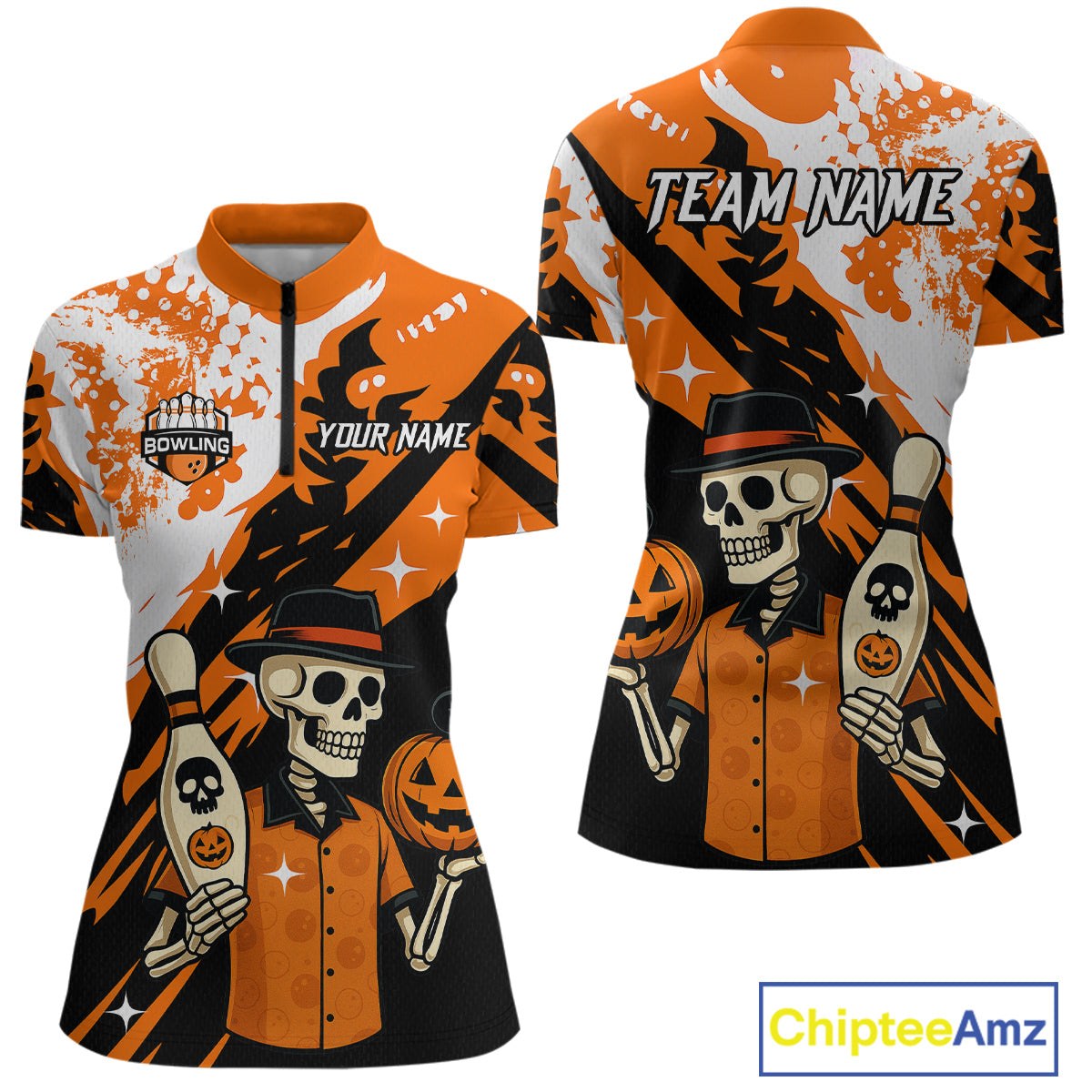 Orange Funny Skull Bowling Shirt for Women Personalized Polo & 1/4-Zip Bowling Jersey Halloween QZT768