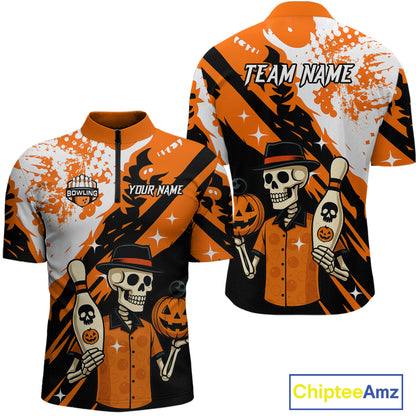 Orange Funny Skull Bowling Shirt for Men Personalized Polo & 1/4-Zip Bowling Jersey Halloween QZT768