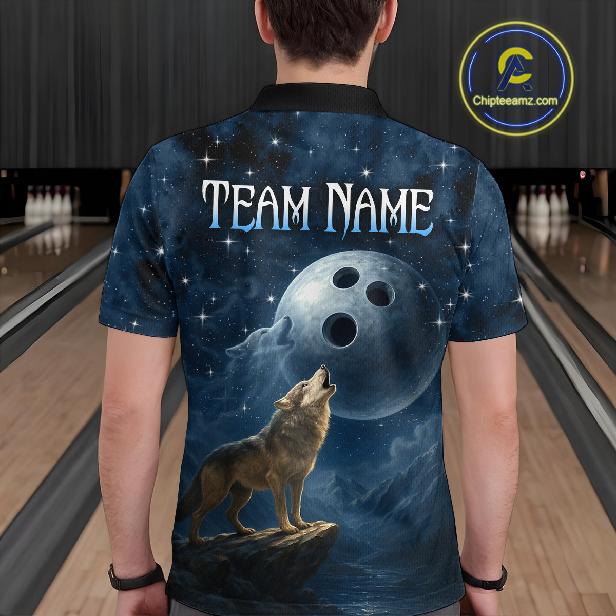 Custom Blue Bowling Shirt Wolf Bowling Team Jersey for Men Polo & 1/4 Zip Bowling Outfit QZT703