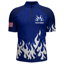 Load image into Gallery viewer, Navy Bowling Shirt Unisex Flame Bowling Jersey Men Quarter Zip Bowling Shirt QZT272
