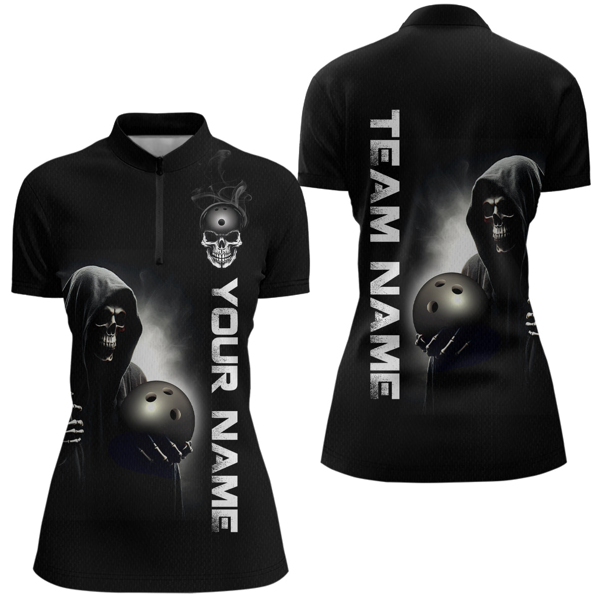 Custom Skull Bowling Shirts Unisex Quarter-Zip Bowling Team Jersey Black Bowling League QZT631