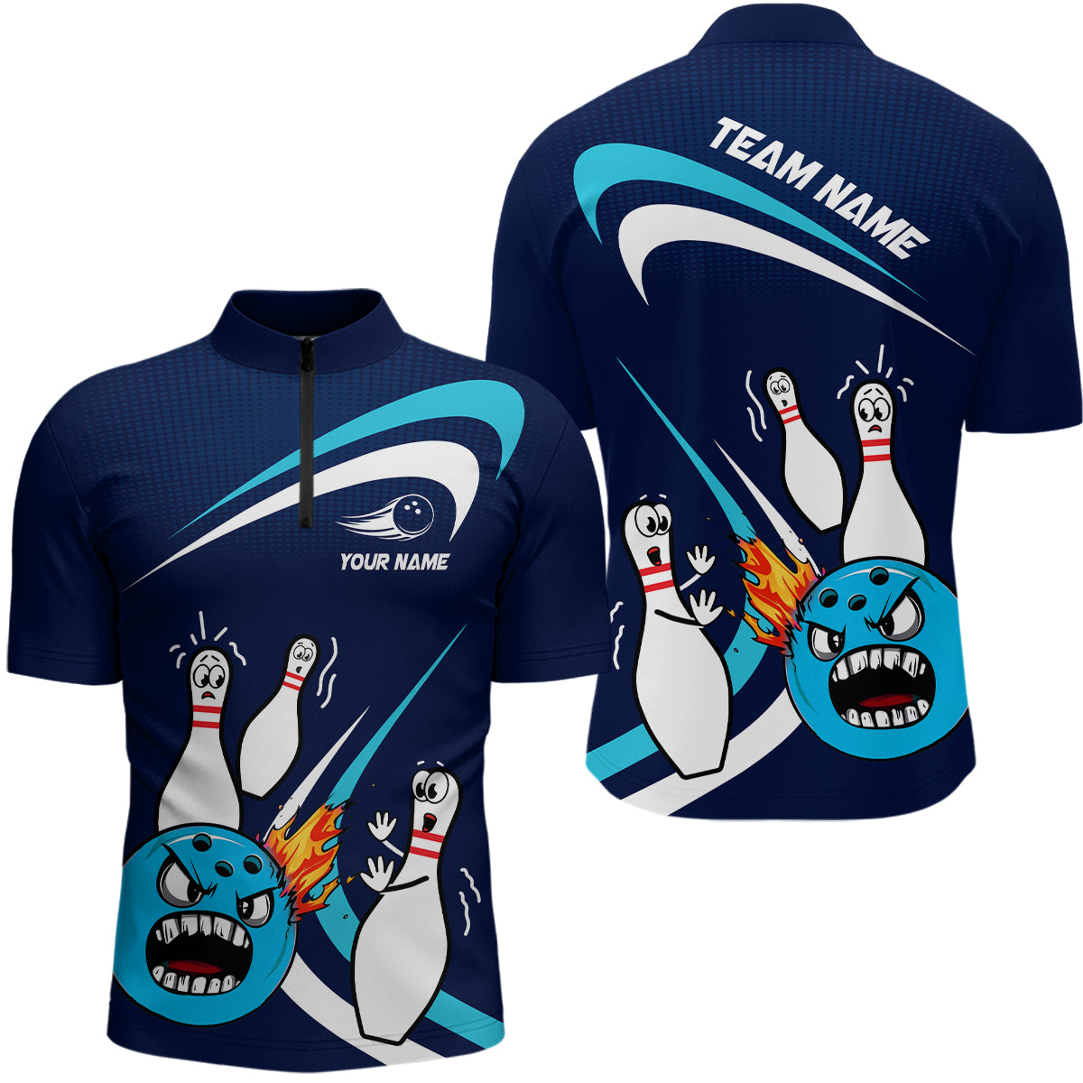 Custom Crazy Bowling Shirt for Men Women Bowling 1/4-Zip Shirt Blue Bowling Outfit QZT589