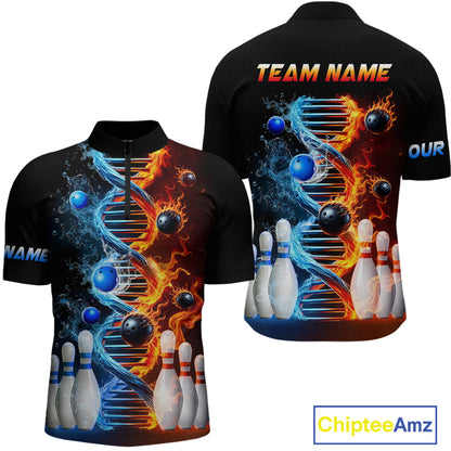 A custom-designed bowling shirt featuring a quarter-zip closure and a graphic print of a DNA strand with flame patterns and bowling balls.