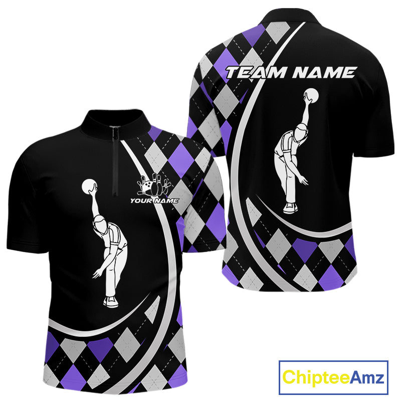 Purple Argyle Pattern Bowling Jersey for Men Custom Polo & 1/4-Zip Bowling Team Shirt Bowling Gift QZT725
