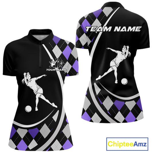Purple Argyle Pattern Bowling Jersey for Women Custom Polo & 1/4-Zip Bowling Team Shirt Bowling Gift QZT725