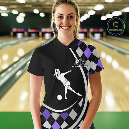 Purple Argyle Pattern Bowling Jersey for Women Custom Polo & 1/4-Zip Bowling Team Shirt Bowling Gift QZT725