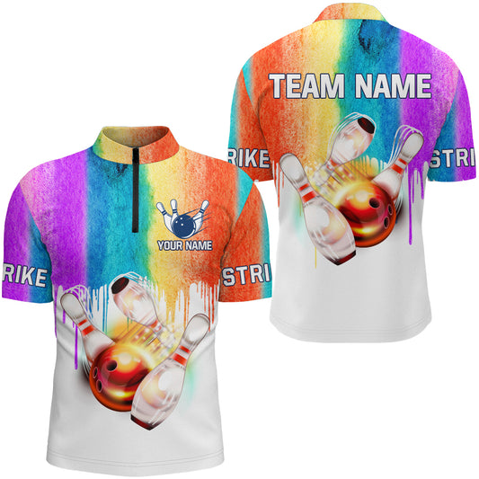 Rainbow Custom Bowling Shirt for Men Bowling Jersey Bowling Team League Quarter-Zip Shirt QZT88