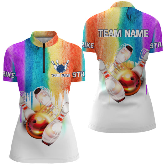 Rainbow Custom Bowling Shirt for Women Bowling Jersey Bowling Team League Quarter-Zip Shirt QZT88