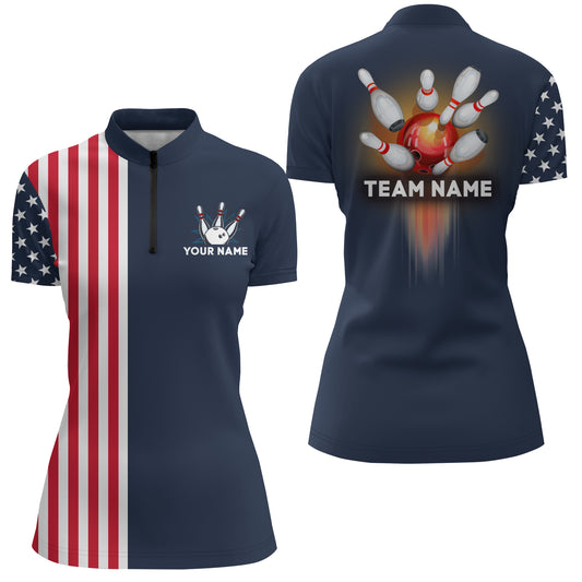 Personalized 3D Women's Bowling Team Jersey Bowling Shirt American Bowling Quarter-Zip Shirt QZT8