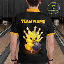 Load image into Gallery viewer, Person wearing a black shirt with a cartoon chicken holding a bowling ball and 'TEAM NAME' text, in a bowling alley setting.