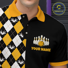 Load image into Gallery viewer, Black polo shirt with yellow and white patterned collar, bowling design, and 'Your Name' text.