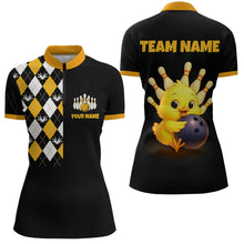 Load image into Gallery viewer, Black bowling shirt with yellow and white design on front, and cartoon chick holding a bowling ball on back