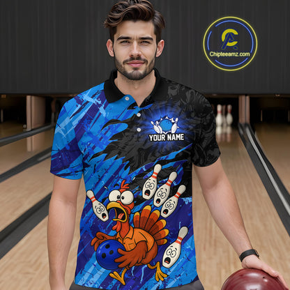 Custom Blue Turkey Bowling Shirt Funny Ball Pin League Jersey for Men Polo Outfit QZT765