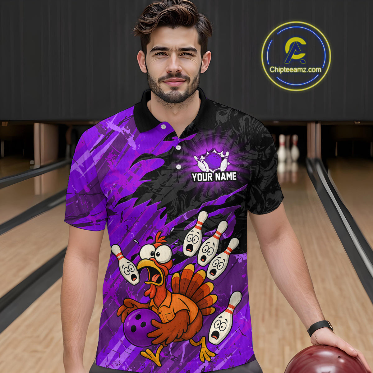 Custom Purple Turkey Bowling Shirt Funny Ball Pin League Jersey for Men Polo Outfit QZT765