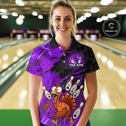 Custom Purple Turkey Bowling Shirt Funny Ball Pin League Jersey for Women Polo Outfit QZT765