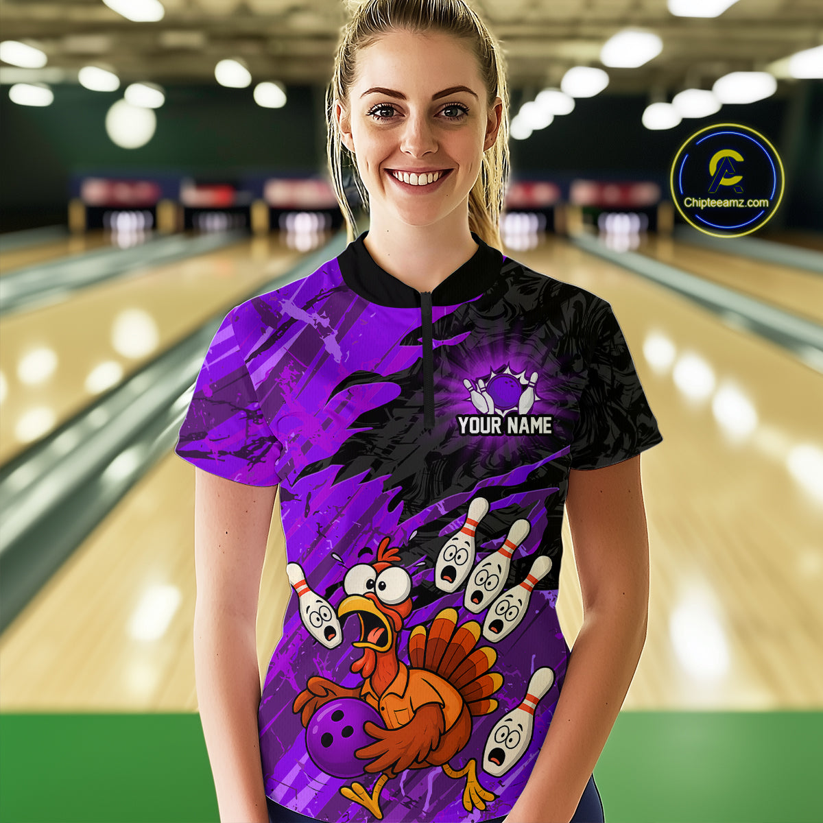 Custom Purple Turkey Bowling Shirt Funny Ball Pin League Jersey for Women Polo Outfit QZT765