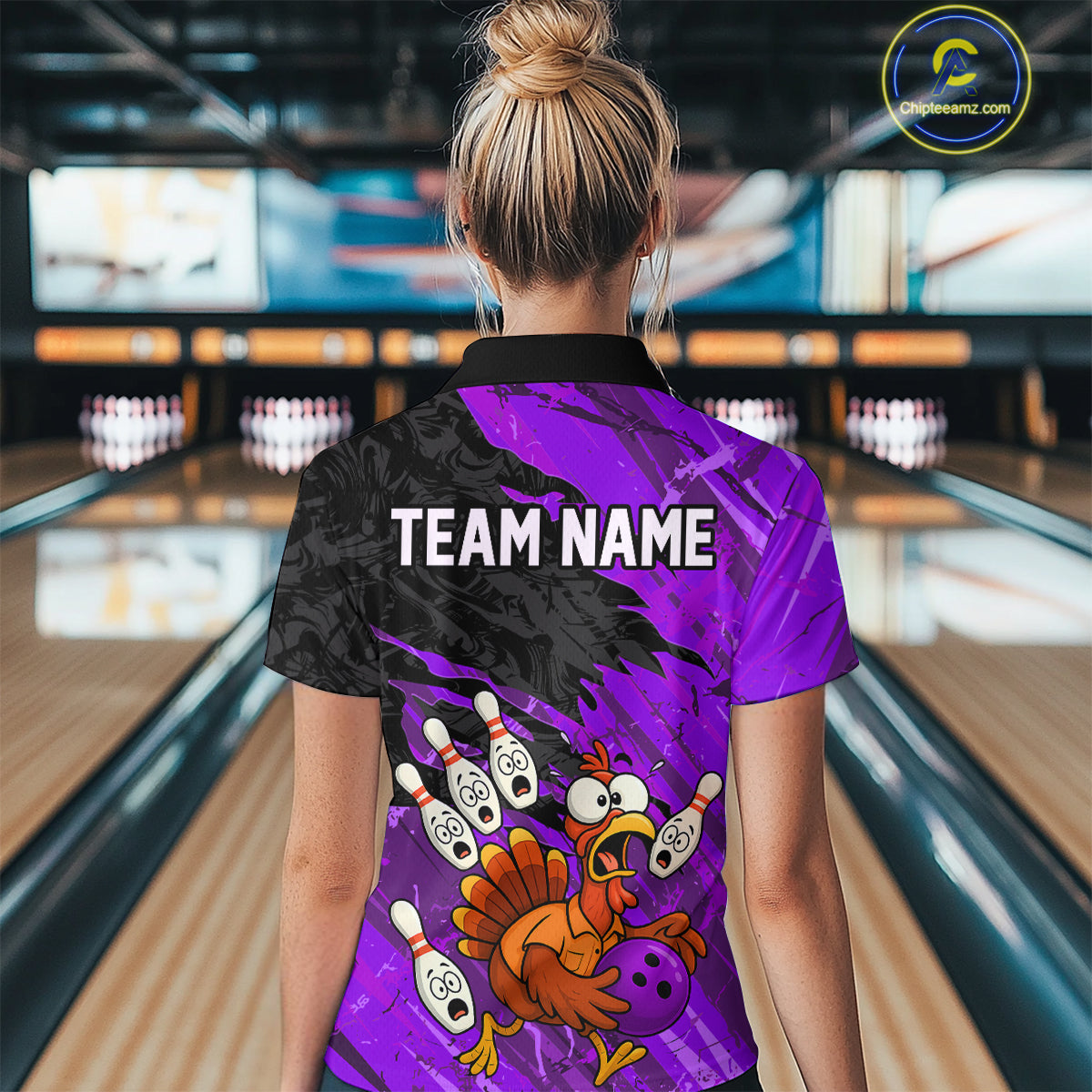 Custom Purple Turkey Bowling Shirt Funny Ball Pin League Jersey for Women Polo Outfit QZT765