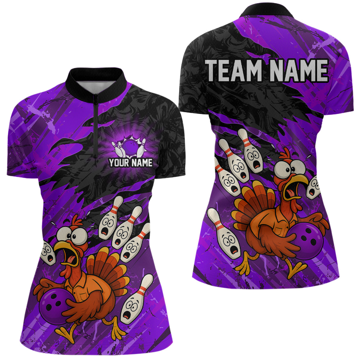 Custom Purple Turkey Bowling Shirt Funny Ball Pin League Jersey for Women Polo Outfit QZT765