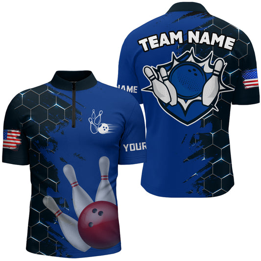 Navy & Black Bowling Shirt Customized Camo Bowling Shirt Quarter- Zip Bowling Team League for Men QZT266