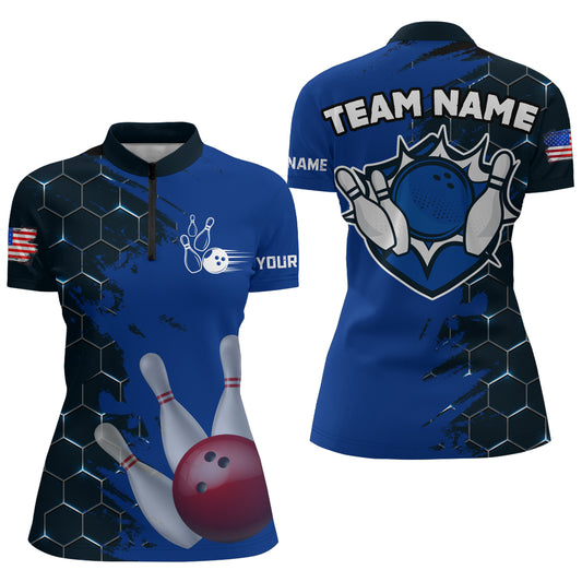 Navy & Black Bowling Shirt Customized Camo Bowling Shirt Quarter- Zip Bowling Team League for Women QZT266