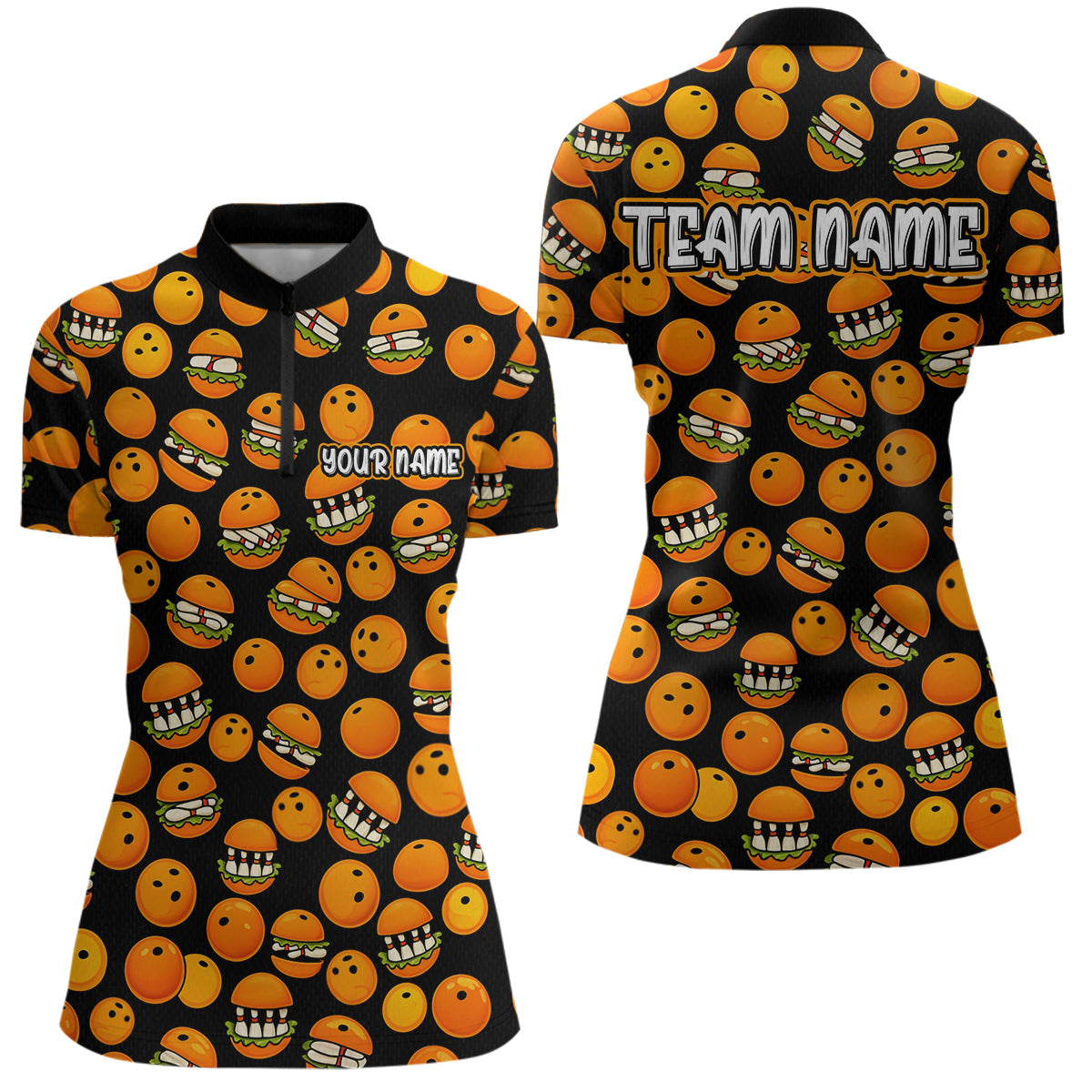 Funny Orange Hamburger Bowling Shirt  for Women Food Bowling Team League Polo & 1/4 Zip Bowling Jersey QZT724