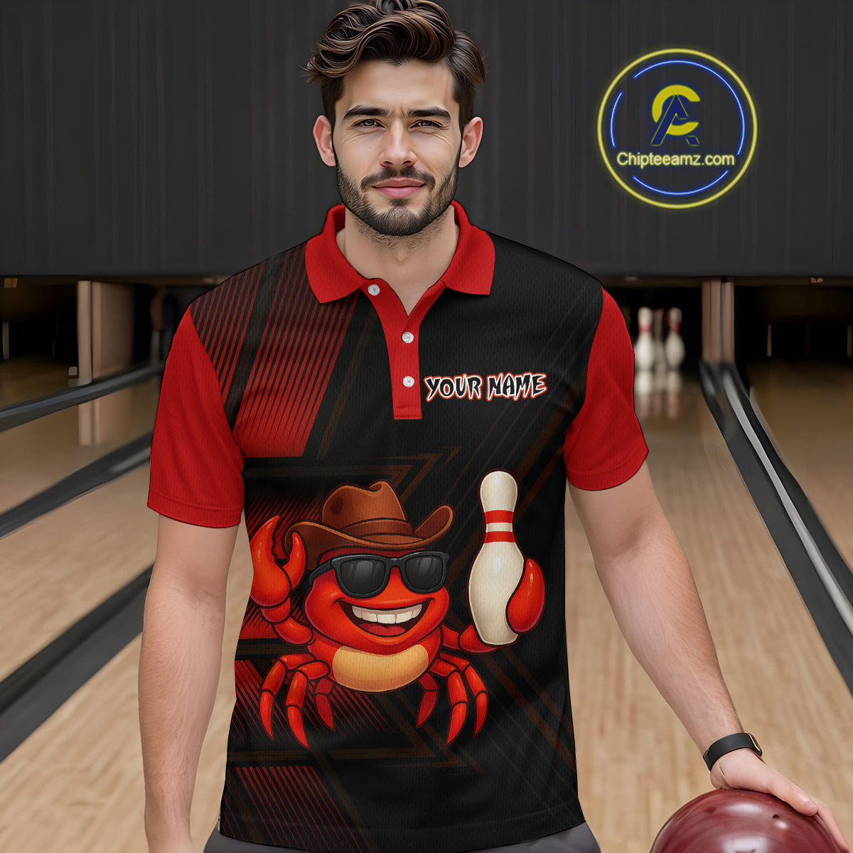 Custom Red Funny Crab Bowling Team Shirt Men Bowling Jersey Outfit Polo & 1/4-Zip Bowler Gift QZT757