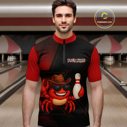 Custom Red Funny Crab Bowling Team Shirt Men Bowling Jersey Outfit Polo & 1/4-Zip Bowler Gift QZT757