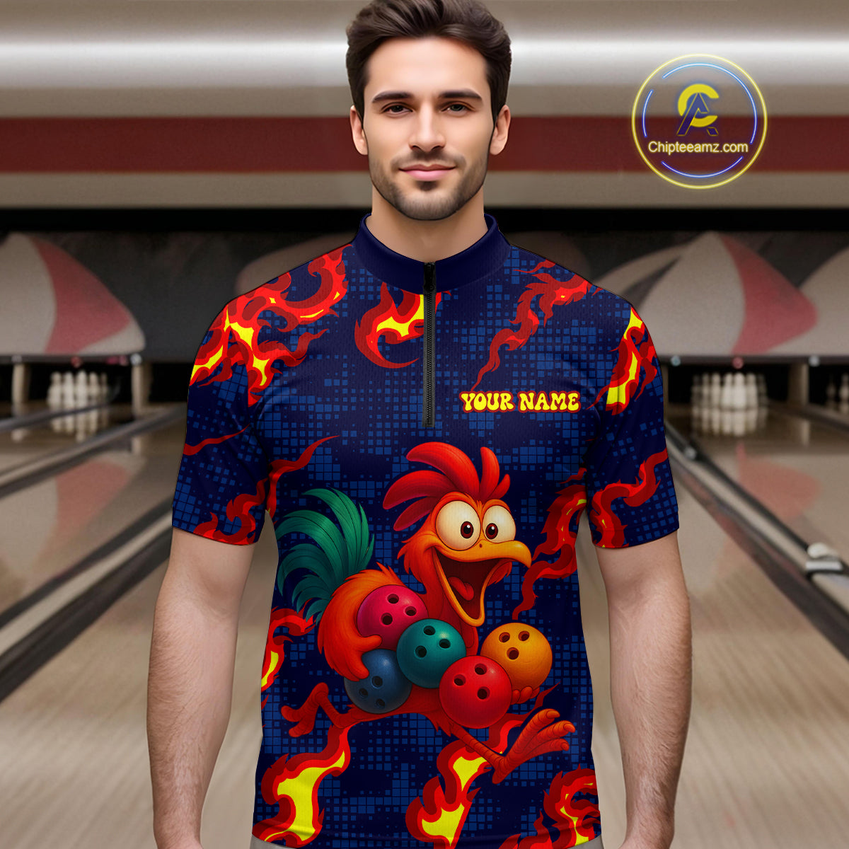 Custom Red Flame Funny Chicken for Men Bowling Team Jersey Bowling League Shirt Polo & 1/4-Zip QZT762