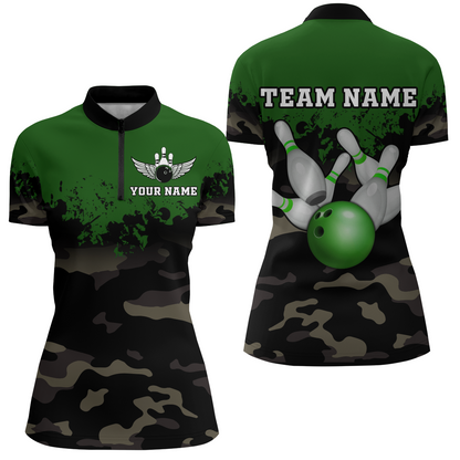 Personalized 3D Quarter Zip Bowling Team Shirts Women Camouflage Bowling Jersey QZT503
