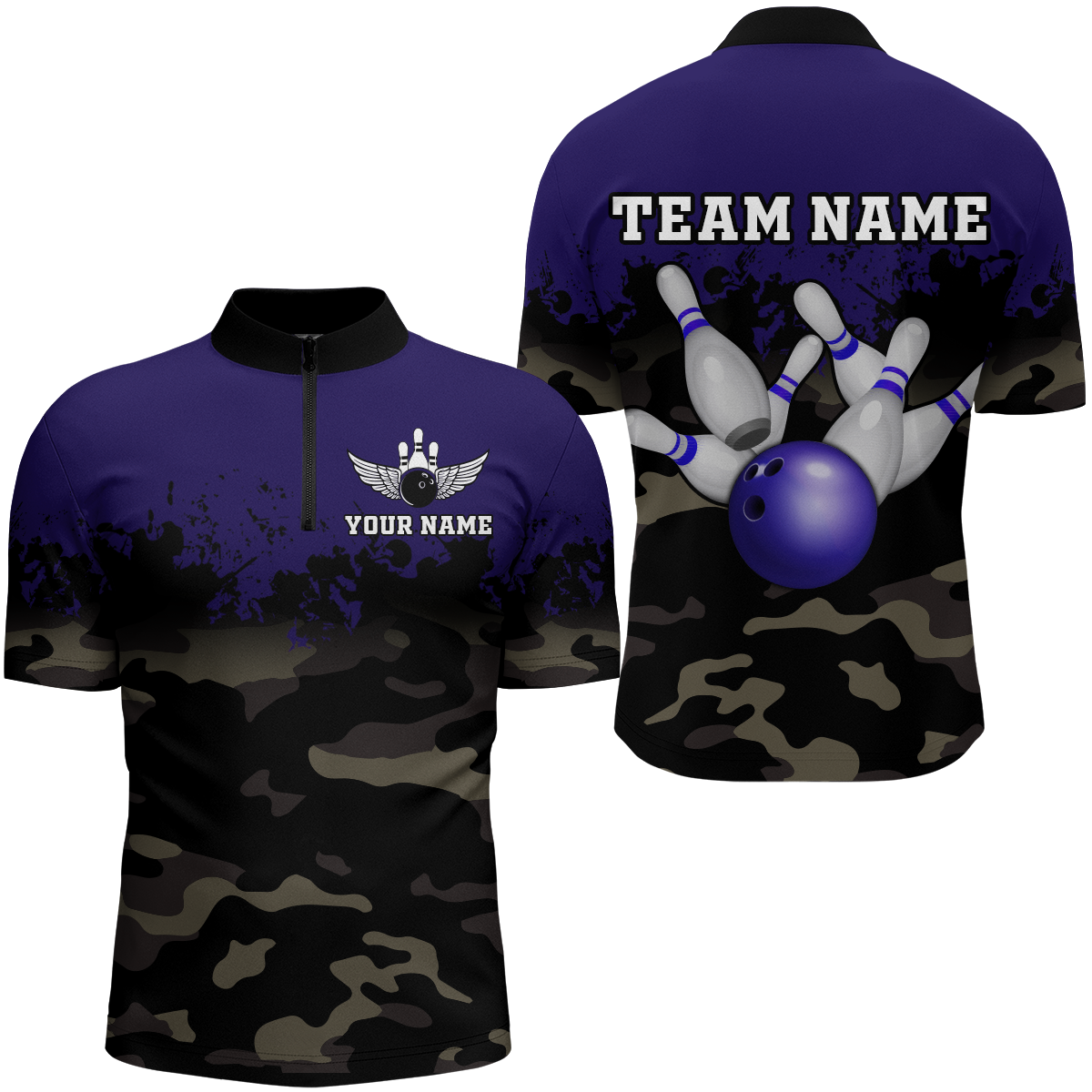 Personalized 3D Quarter Zip Bowling Team Shirts Men Camouflage Bowling Jersey QZT503