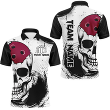 Load image into Gallery viewer, A black and white polo shirt with a bowling-themed graphic that includes the text 'YOURNAME' and 'TEAM NAME' and a skull, front and back view mockup, designed for men.