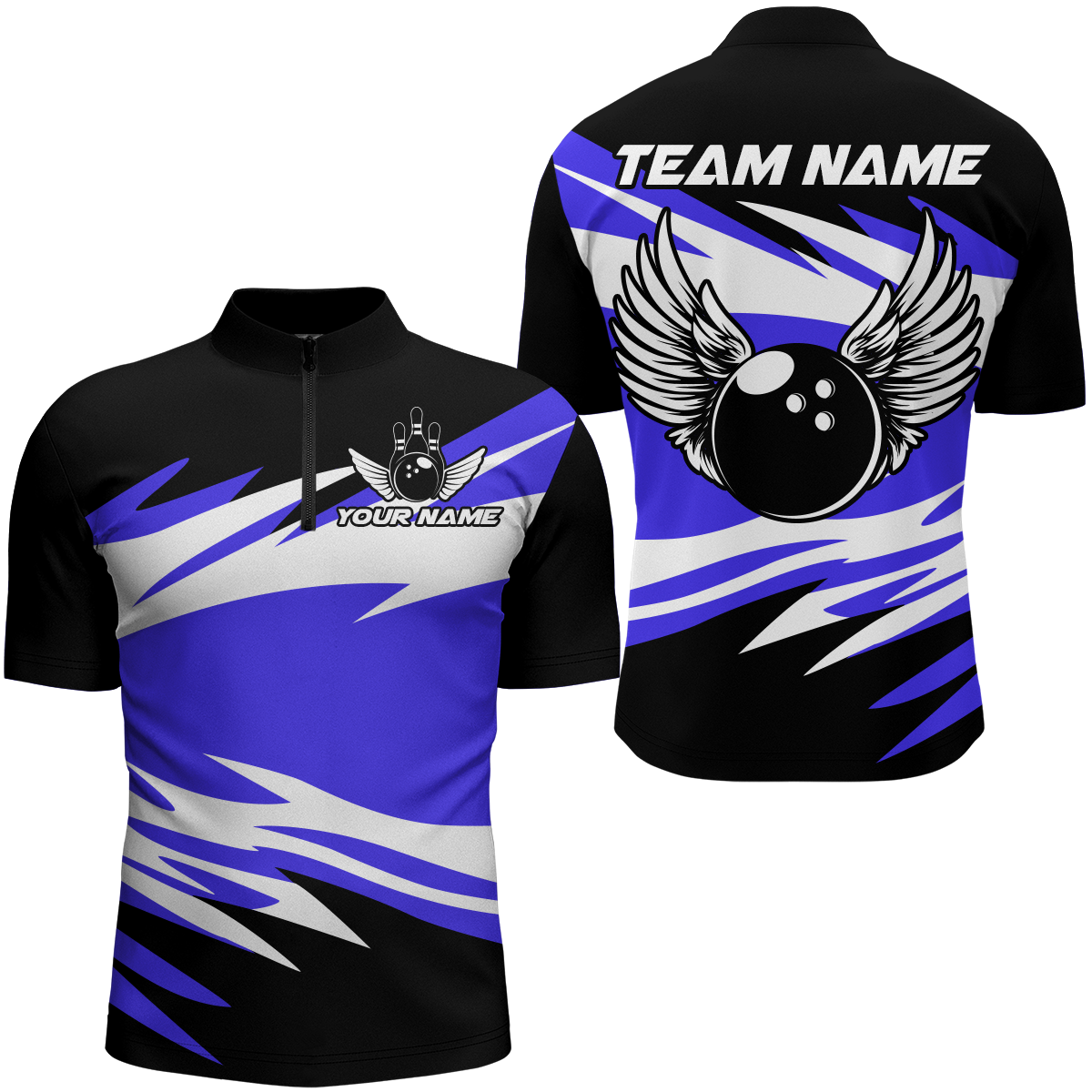 Camo Angel Wings Quarter Zip Bowling Shirts for Men Bowling Team Jersey Multicolor QZT470