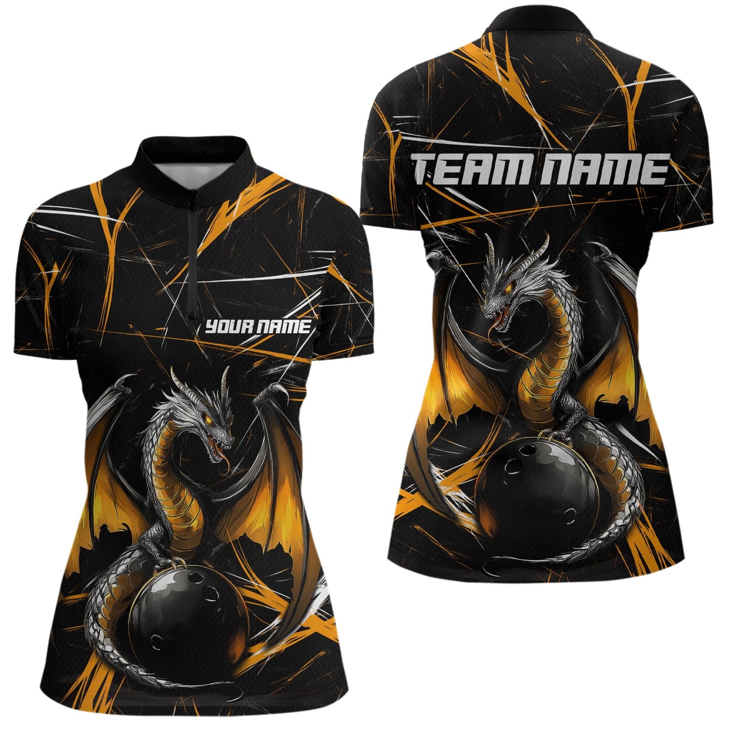 Black & Gold Dragon Bowling Shirt Custom Quarter-Zip Bowling Jersey for Men Women QZT682