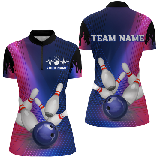 Personalized 3D Bowling Shirt for Women Bowling Team League 1/4 Zip Shirt Unisex Bowlers Jersey QZT289