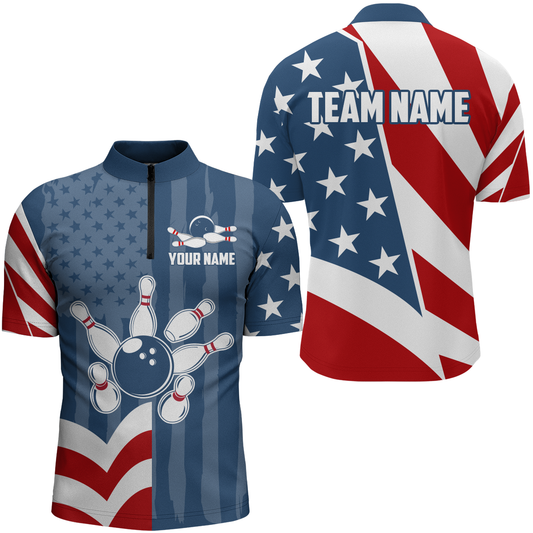 Patriotic Bowling Shirt for Men Custom US Bowling Shirt Quarter-Zip Bowling Jersey Gifts for Bowlers QZT297