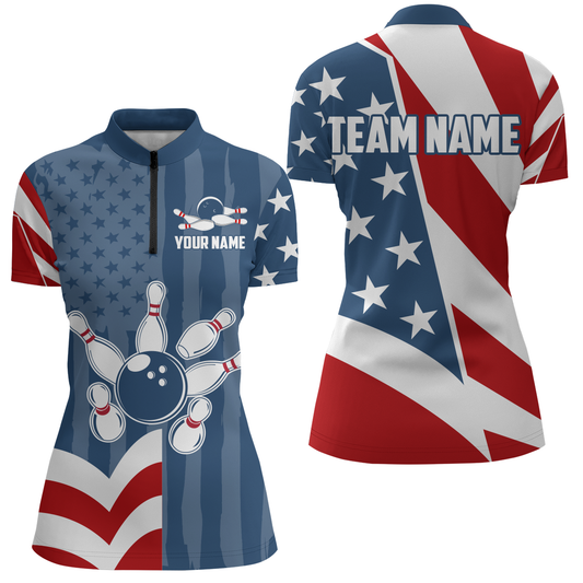 Patriotic Bowling Shirt for Women Custom US Bowling Shirt Quarter-Zip Bowling Jersey Gifts for Bowlers QZT297