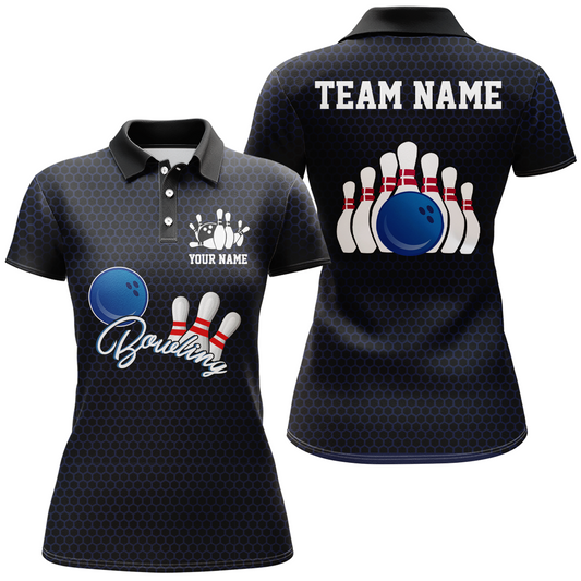 Personalized Bowling Jersey for Women 3D Bowling Team Shirt Black Bowling Polo Shirt QZT117